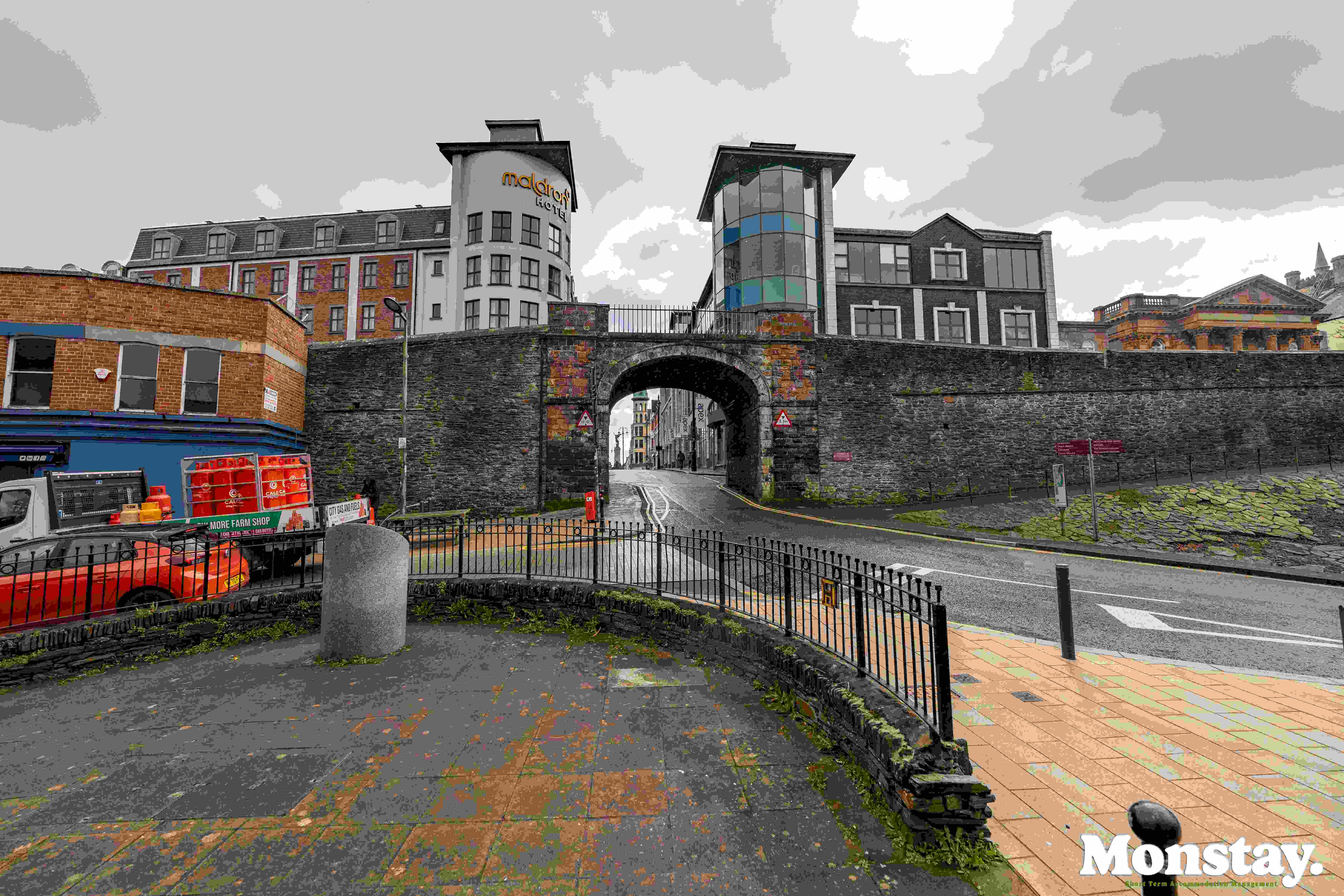 Historic Derry City Walls gateway near Walled City House